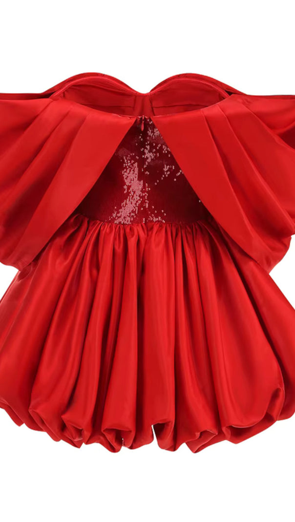AIIZIE BARDOT SEQUIN BUSTIER PUFF DRESS RED - product image