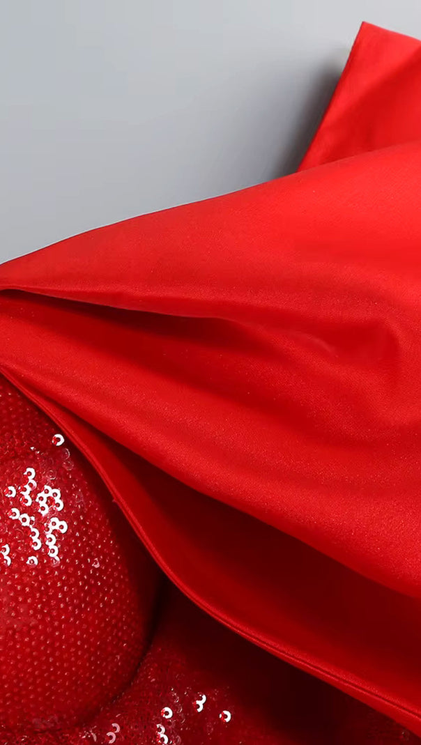 AIIZIE BARDOT SEQUIN BUSTIER PUFF DRESS RED - product image
