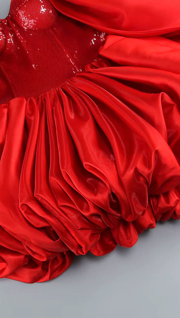 AIIZIE BARDOT SEQUIN BUSTIER PUFF DRESS RED - product image