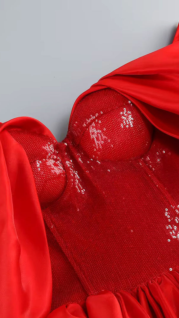 AIIZIE BARDOT SEQUIN BUSTIER PUFF DRESS RED - product image