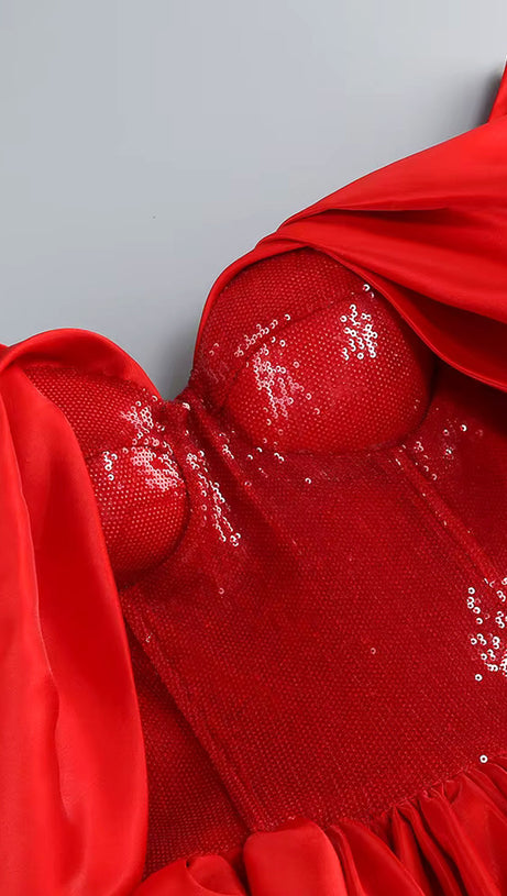 ABITO BUSTIER CON PAILLETTES BARDOT ROSSO