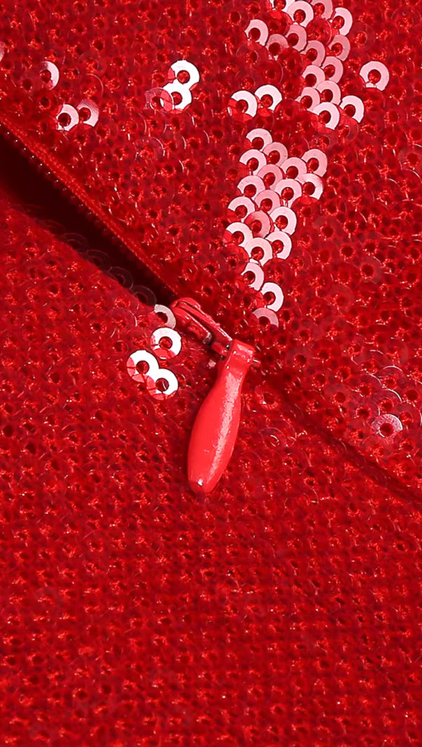 AIIZIE BARDOT SEQUIN BUSTIER PUFF DRESS RED - product image
