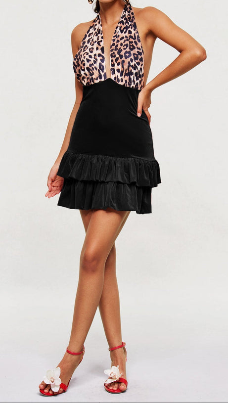 MARGUERITE LEOPARD PLUNGE RUFFLE MINI DRESS IN BLACK