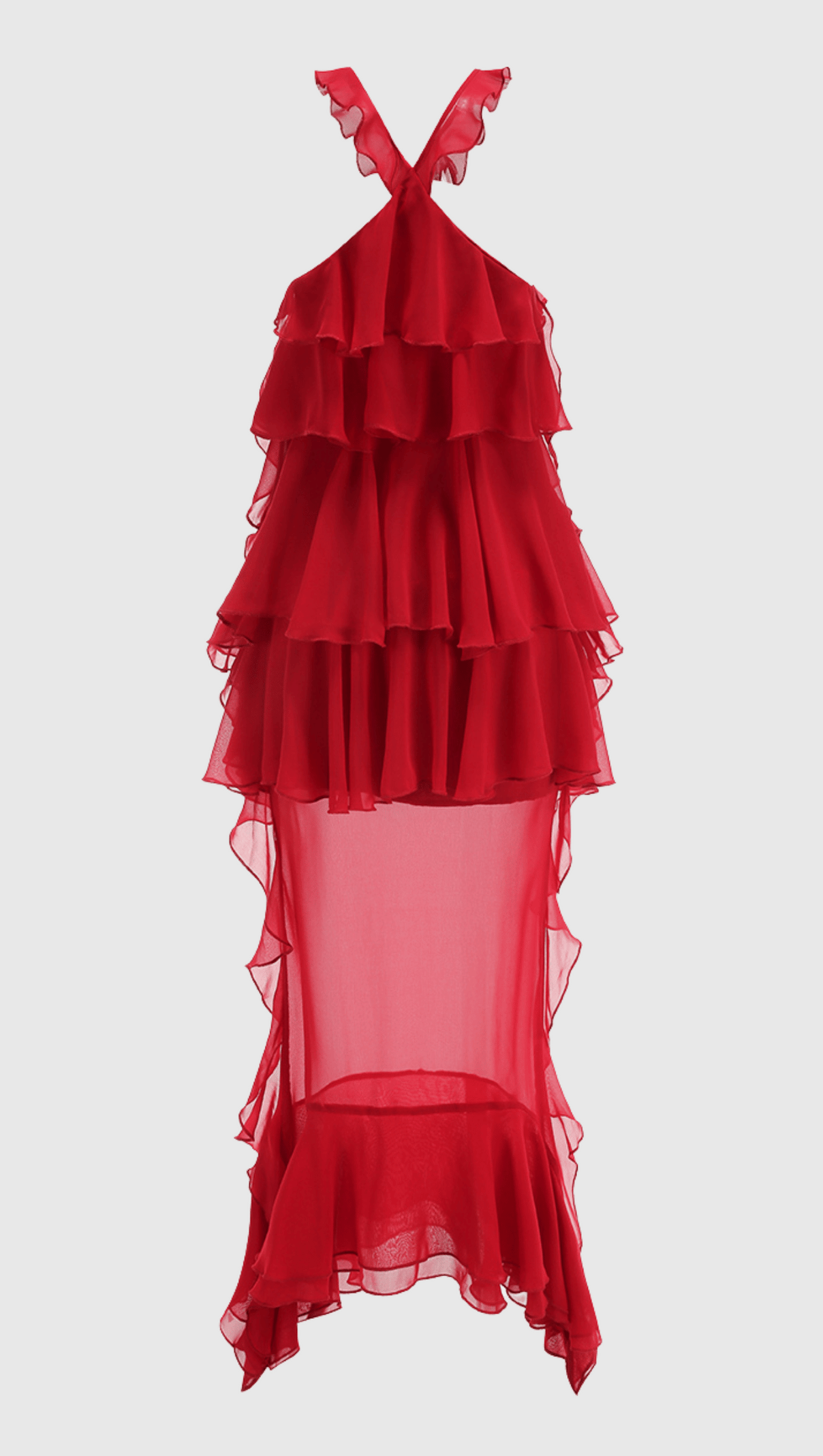 Eunice – Rotes Chiffon-Midikleid mit Neckholder und Rüschen