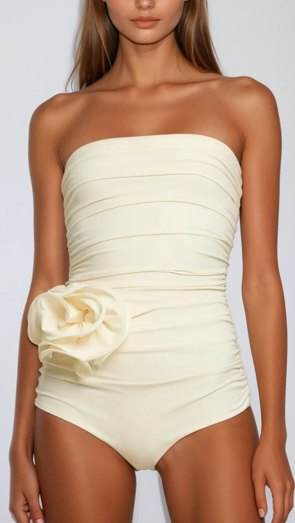 AIIZIE NANCY RUCHED FLOWER ONE PIECE SWIMSUIT IN CREAM - product image