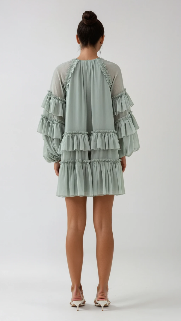 AIIZIE FREDA BALLOON SLEEVE MESH RUCH RUFFLE MINI DRESS IN GREEN - product image