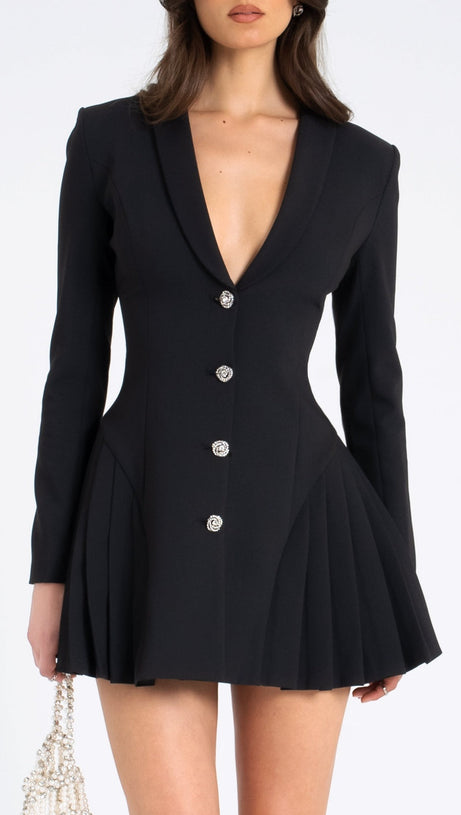 BEULAH PLEATE BLAZER MINI DRESS IN BLACK