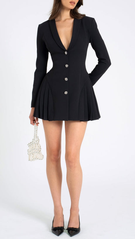 BEULAH PLEATE BLAZER MINI DRESS IN BLACK