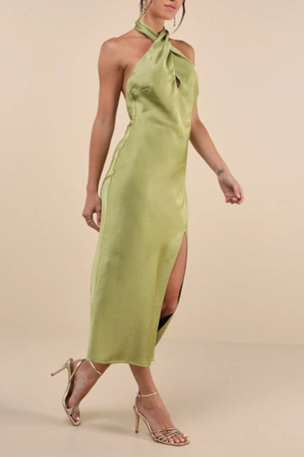 ABITO MIDI CON SCOLLO A V IN RASO CHARTREUSE BEYOND CLASSY