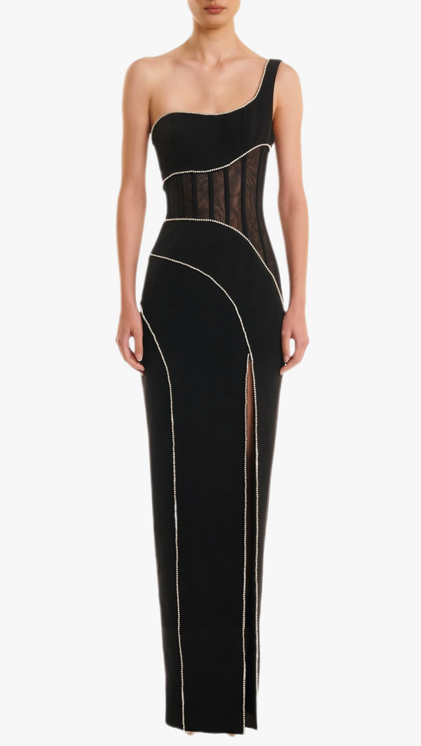 AIIZIE ZORAIDA DIAMANTE MESH ONE SHOULDER SPLIT MAXI BANDAGE DRESS - product image
