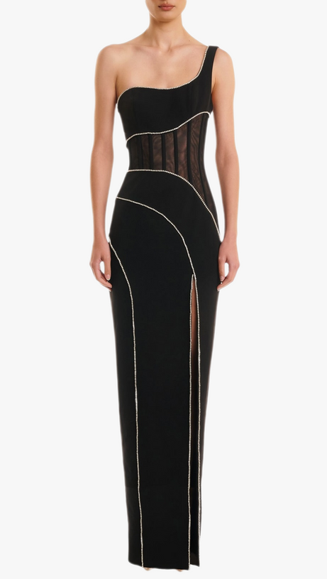 ABITO LUNGO CON FASCE E SPACCO IN RETE CON MONOSPALLA ZORAIDA DIAMANTE