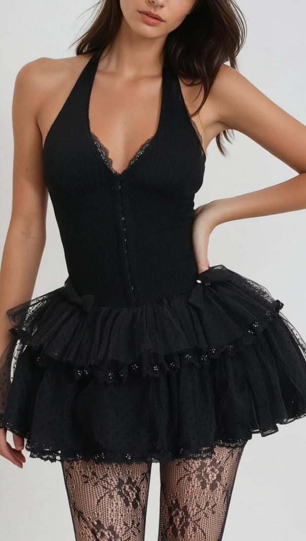 AIIZIE GINA MESH HALTER NECK CORSET MINI DRESS IN BLACK - product image