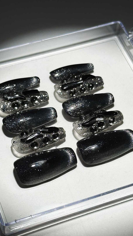 BLACK CAT EYE CRYSTAL HANDMADE PRESS ON NAILS