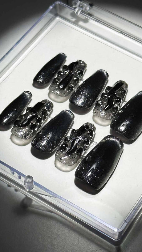 BLACK CAT EYE CRYSTAL HANDMADE PRESS ON NAILS