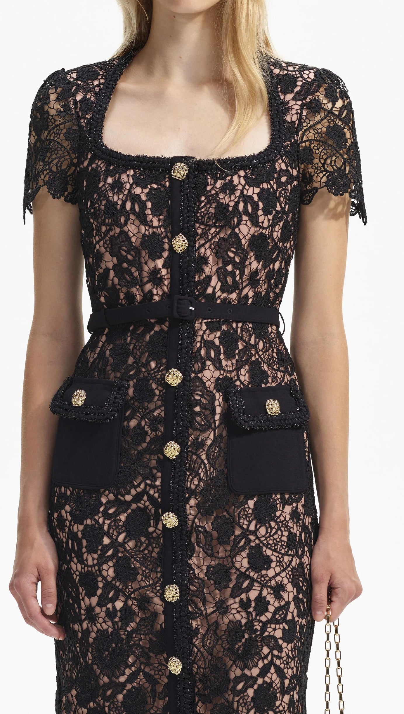 BLACK GUIPURE LACE SHORT SLEEVE MIDI DRESS