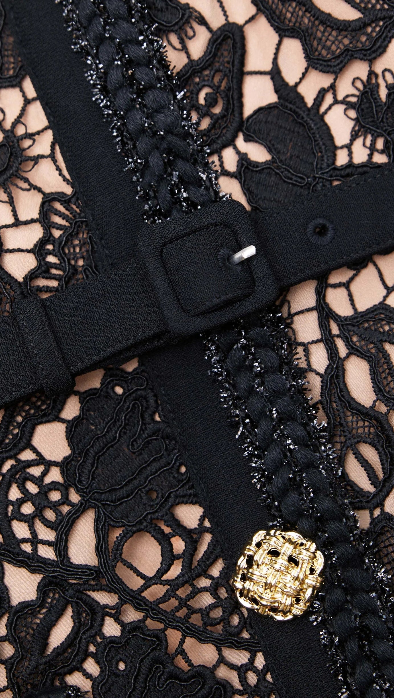 BLACK GUIPURE LACE SHORT SLEEVE MIDI DRESS