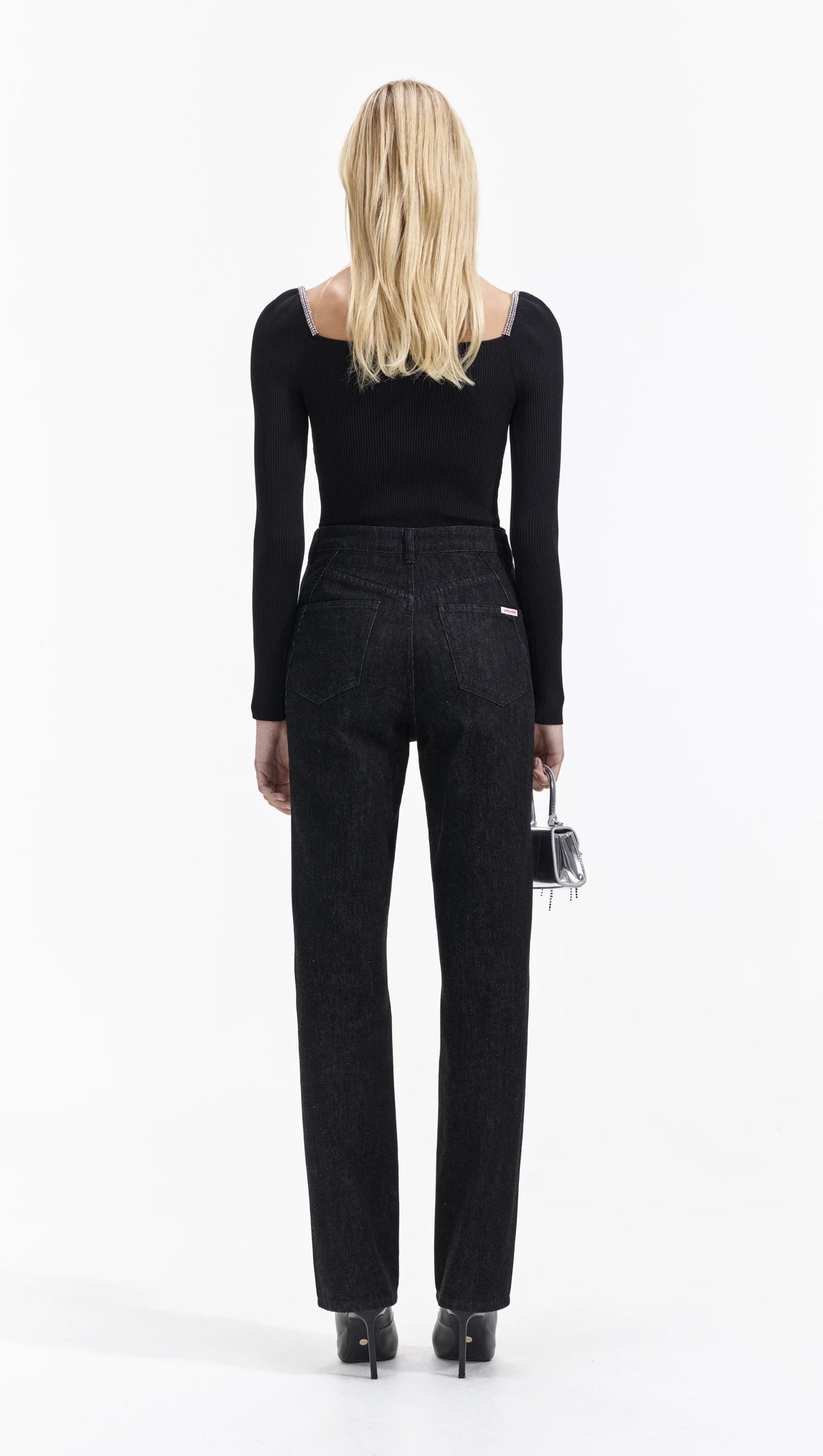 BLACK KNIT DIAMANTE TRIM TOP