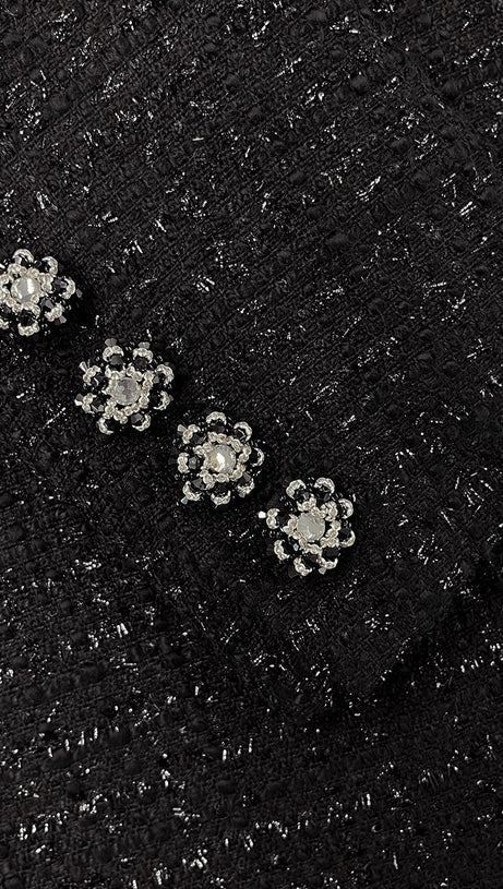 BLACK OFF SHOULDER BOUCLE MIDI DRESS