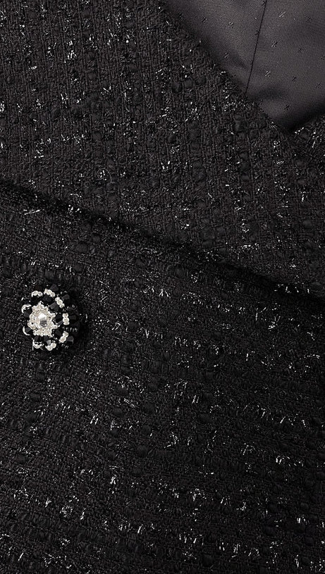 BLACK OFF SHOULDER BOUCLE MIDI DRESS