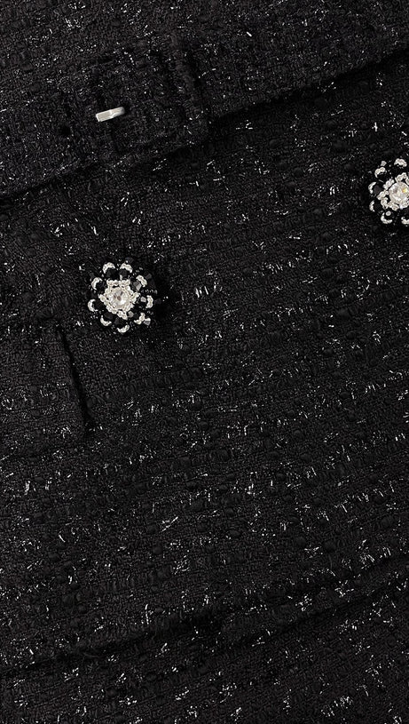 BLACK OFF SHOULDER BOUCLE MIDI DRESS