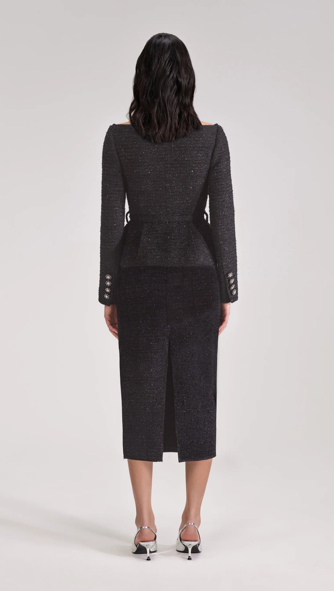 BLACK OFF SHOULDER BOUCLE MIDI DRESS