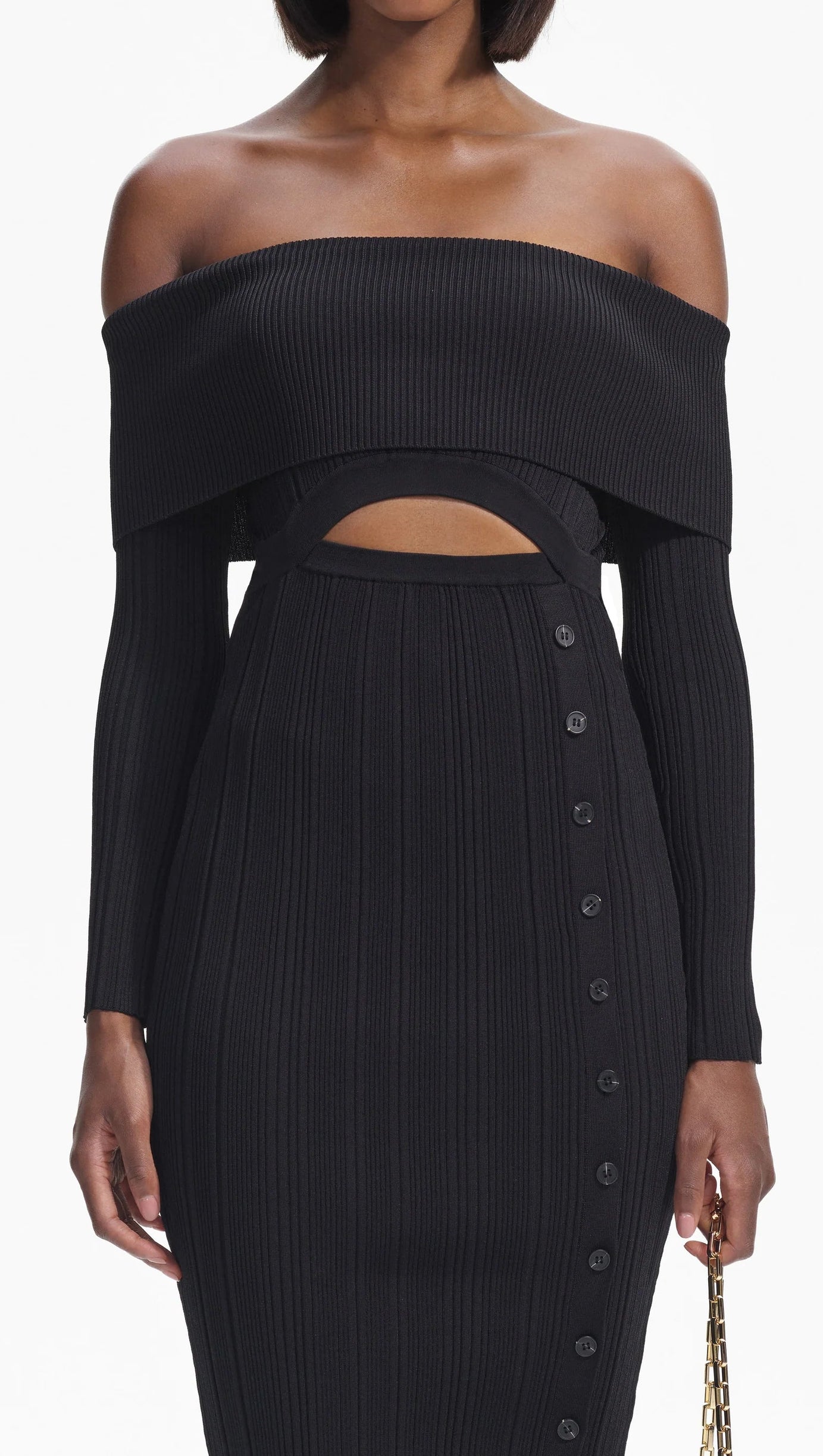 BLACK OFF SHOULDER KNIT MIDI DRESS