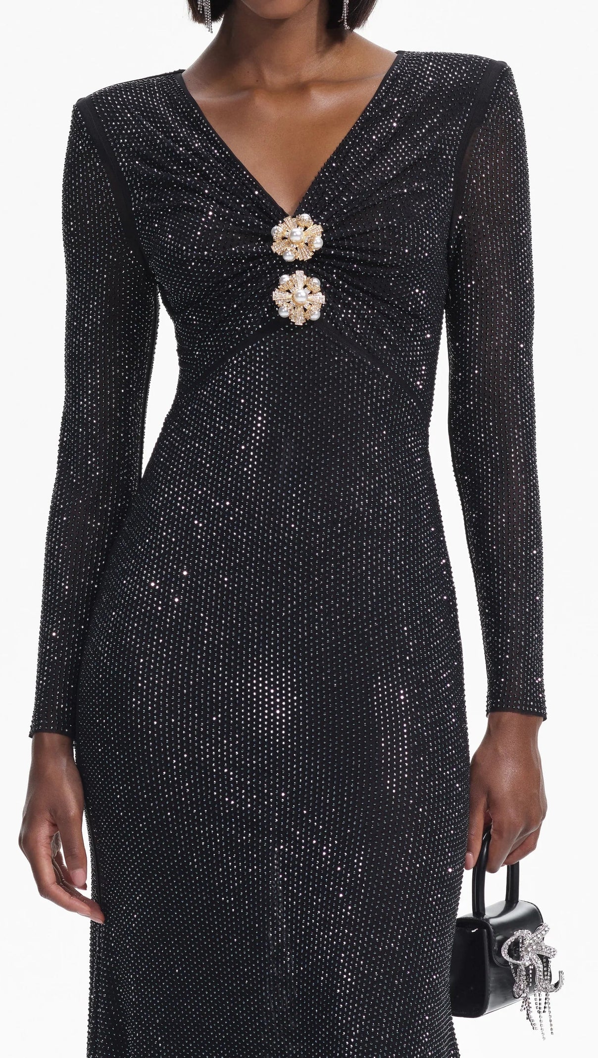 AIIZIE BLACK RHINESTONE MESH V-NECK MIDI DRESS - product image