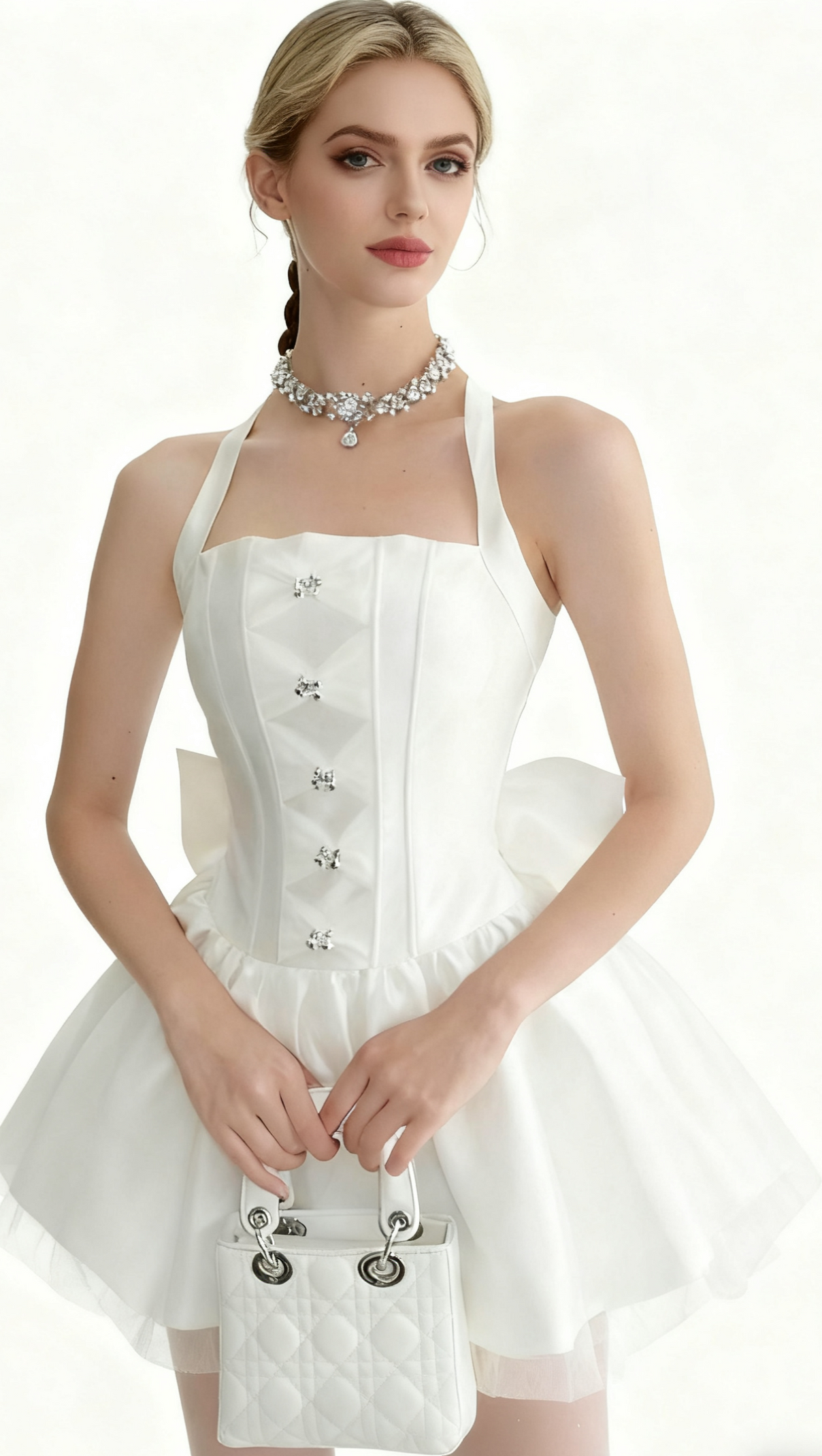 AIIZIE NORA OFF-SHOULDER BACKLESS LACE BOW MINI DRESS IN WHITE - product image
