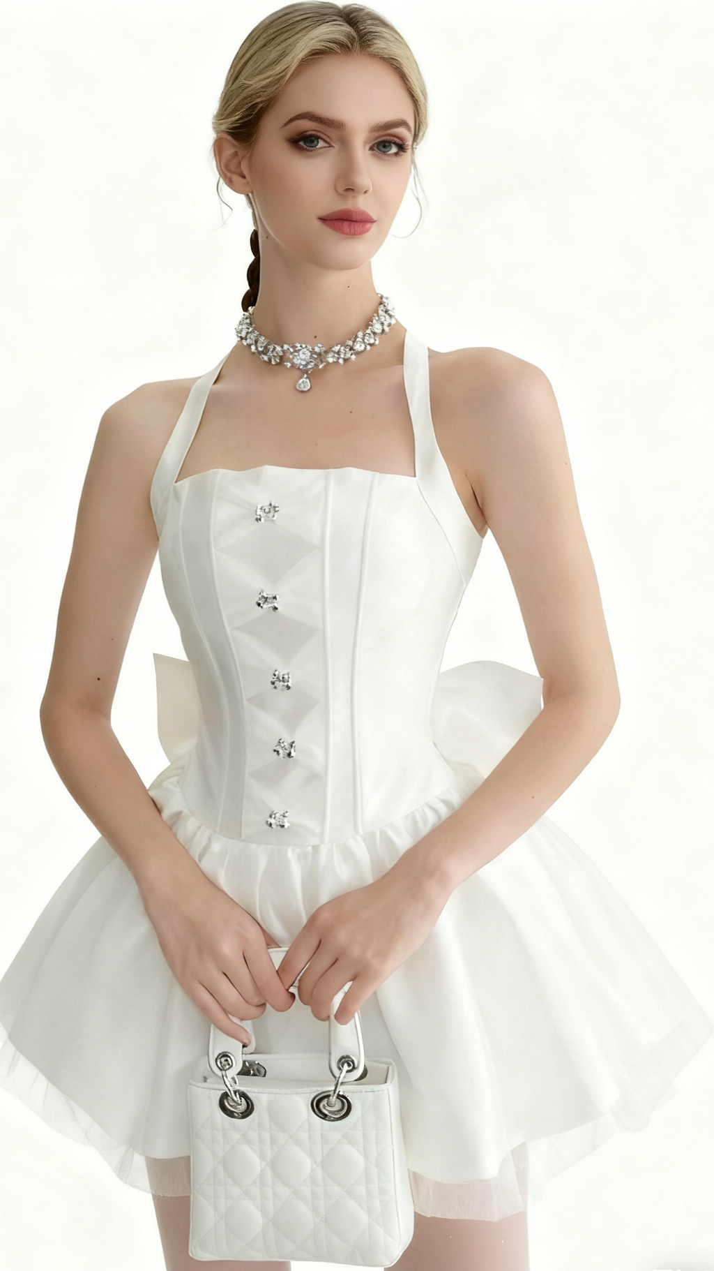 NORA OFF-SHOULDER BACKLESS LACE BOW MINI DRESS IN WHITE