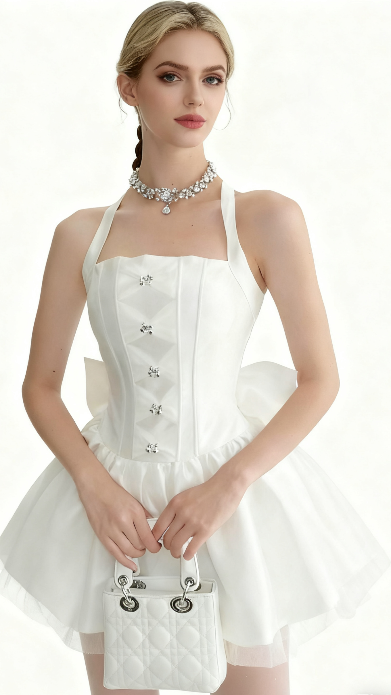 NORA OFF-SHOULDER BACKLESS LACE BOW MINI DRESS IN WHITE