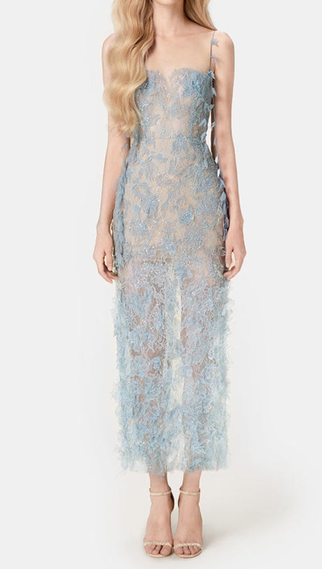 BLAUES MIDIKLEID AUS SPITZE MIT PERLEN