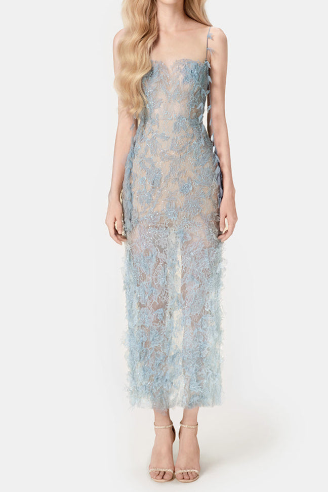 AIIZIE BLUE BEADED LACE PENCIL MIDI DRESS - product image