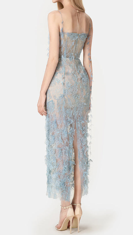 BLAUES MIDIKLEID AUS SPITZE MIT PERLEN