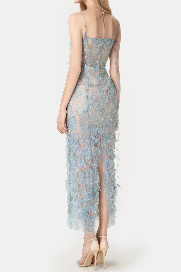 AIIZIE BLUE BEADED LACE PENCIL MIDI DRESS - product image