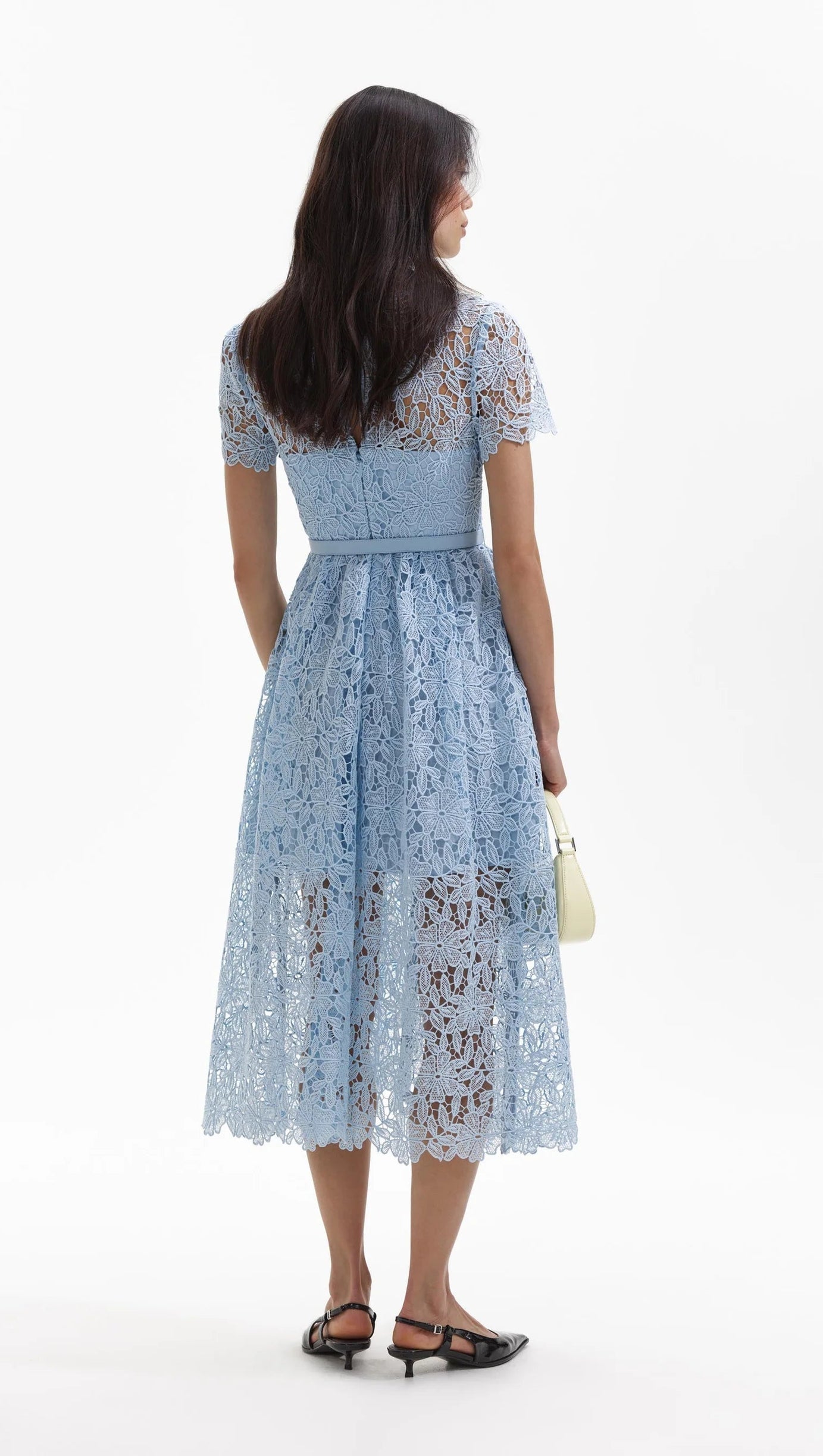 BLUE GUIPURE LACE A LINE MIDI DRESS