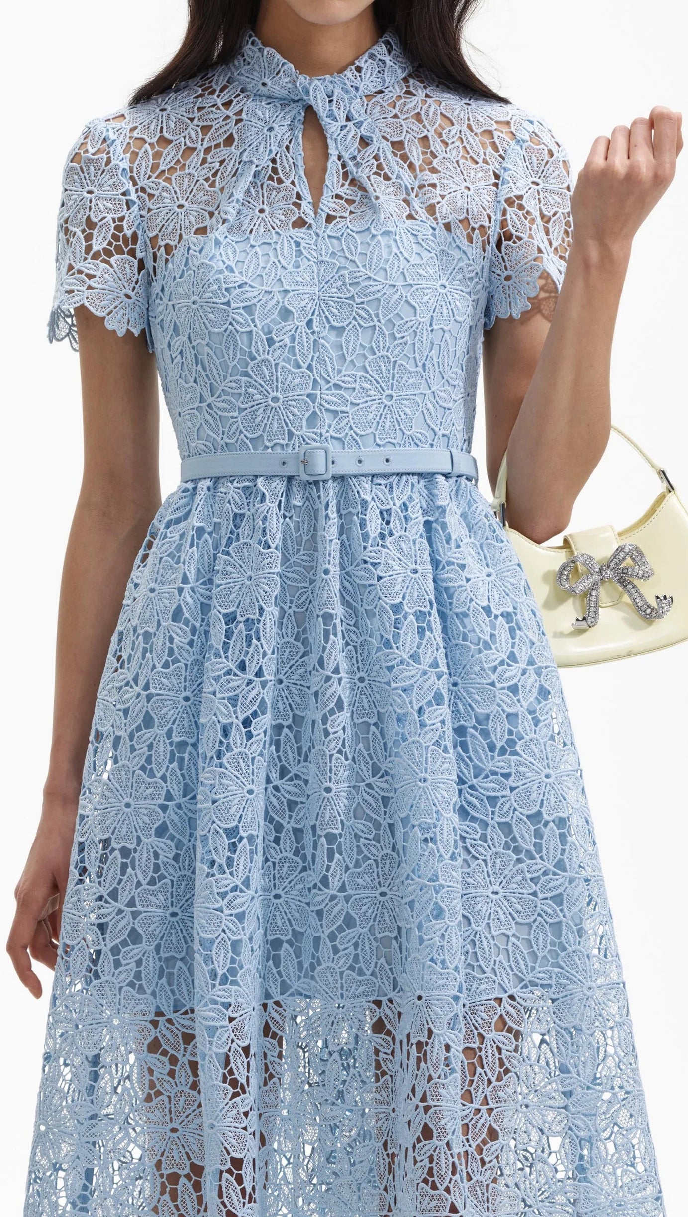BLUE GUIPURE LACE A LINE MIDI DRESS