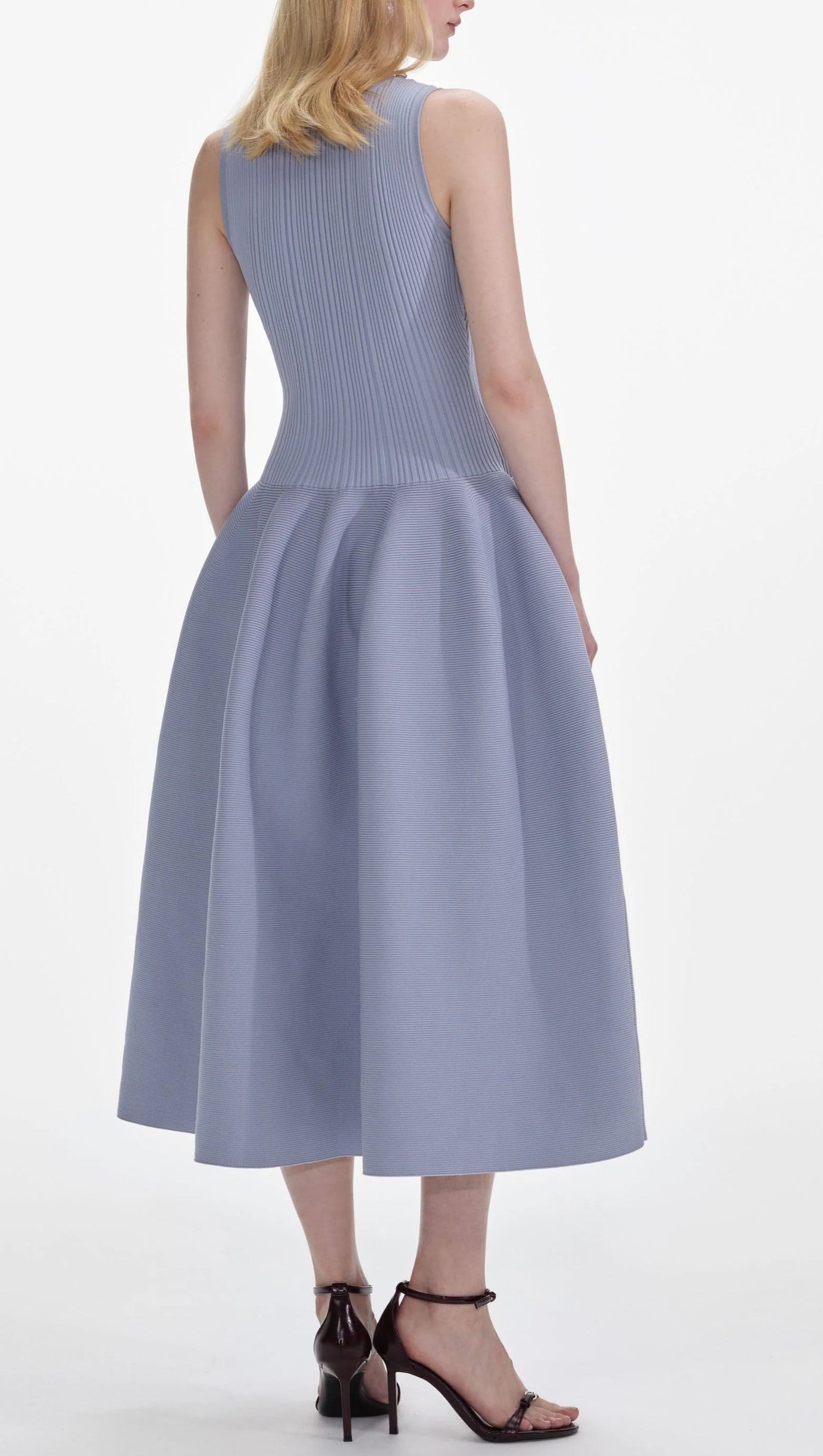 BLUE RIBBED KNIT DIAMANTE MIDI DRESS