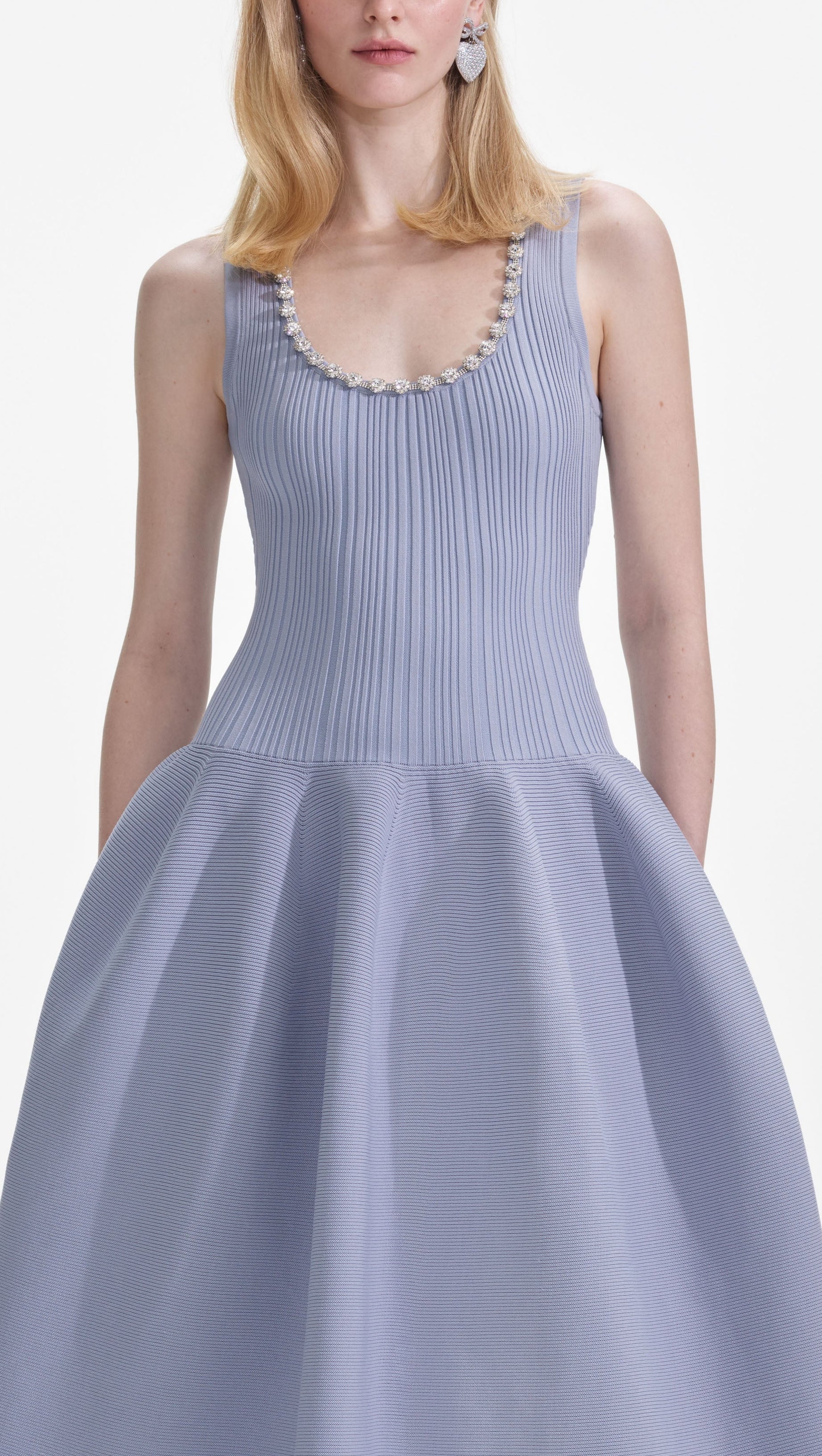 BLUE RIBBED KNIT DIAMANTE MIDI DRESS