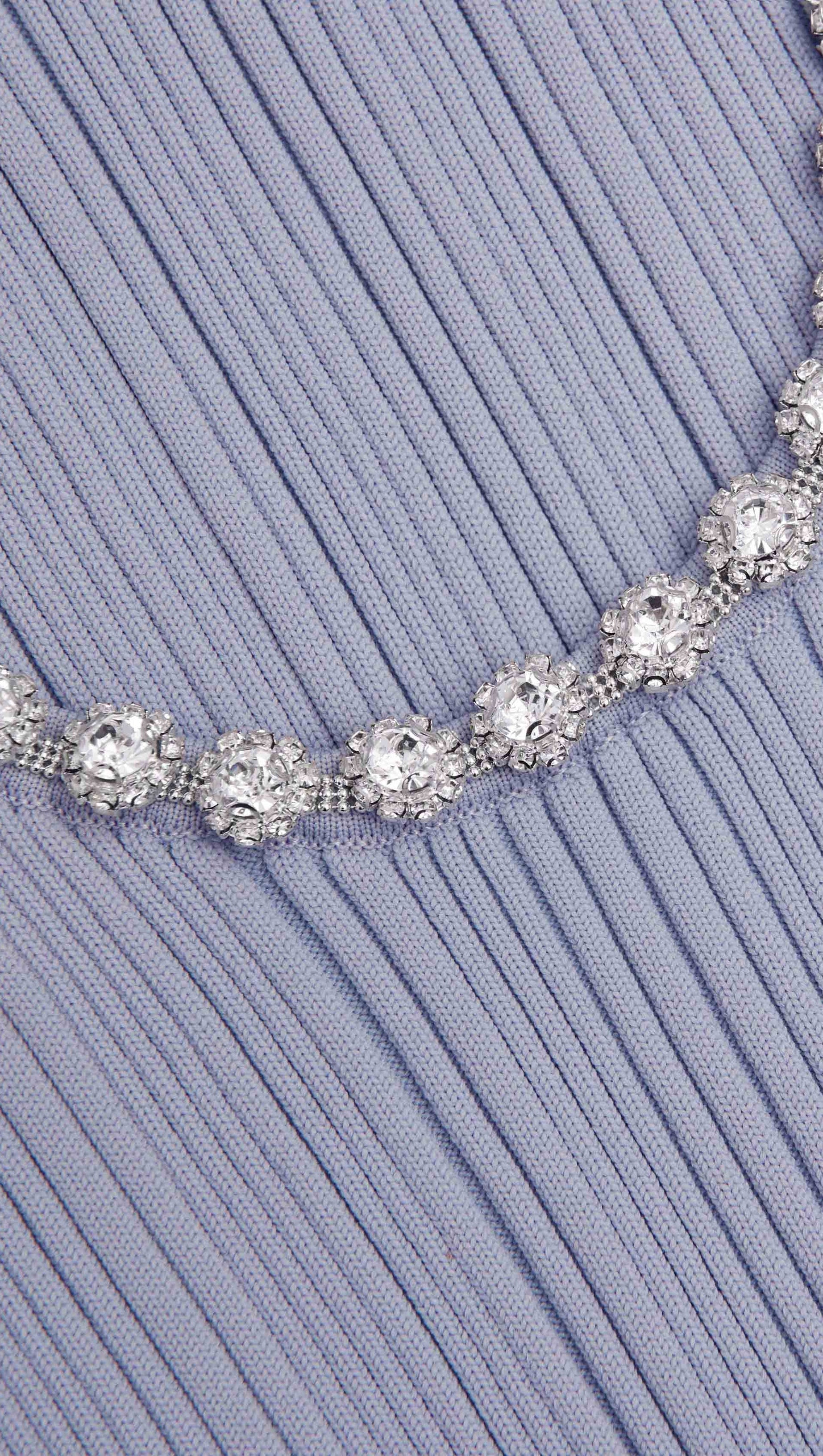 BLUE RIBBED KNIT DIAMANTE MIDI DRESS