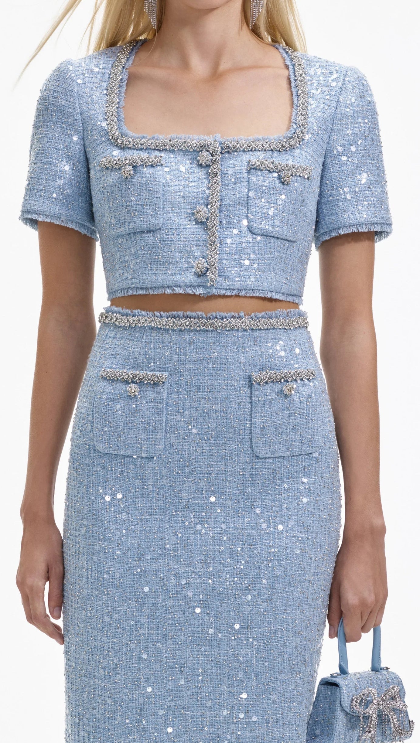 BLUE SEQUIN BOUCLE CROP TOP