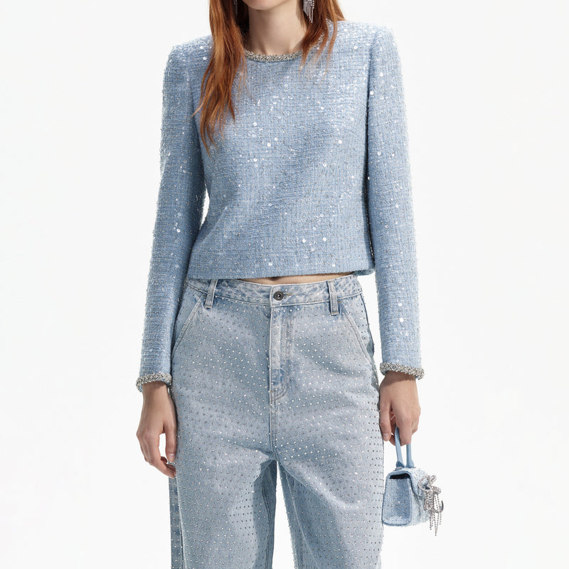 BLUE SEQUIN BOUCLE TOP