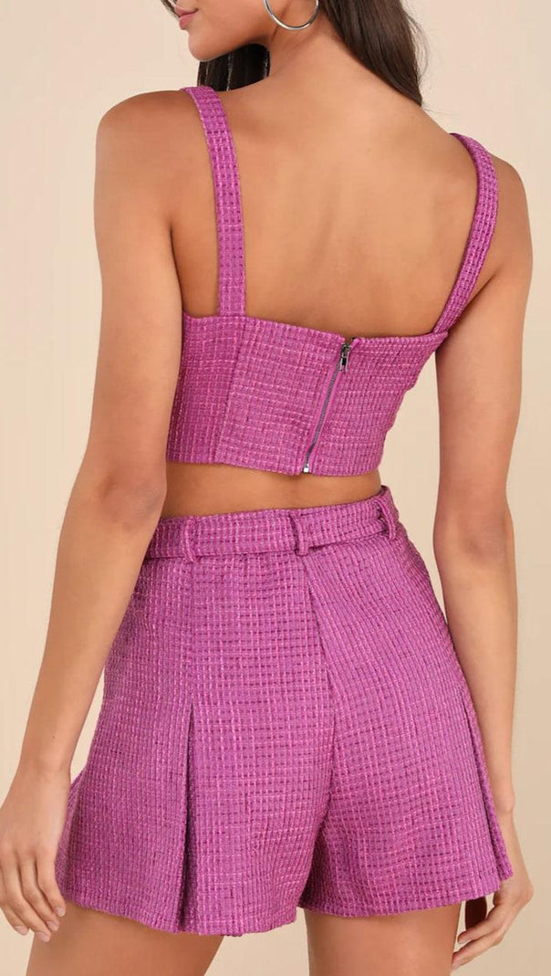 AIIZIE BOLD CUTIE PURPLE TWEED BUCKLE STRAP CROP TANK TOP - product image