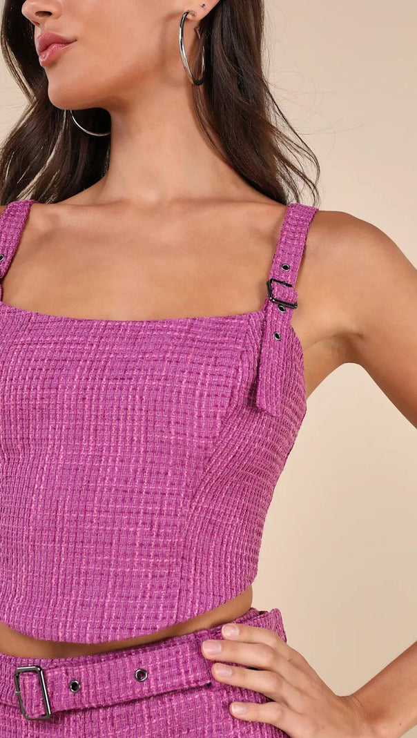 AIIZIE BOLD CUTIE PURPLE TWEED BUCKLE STRAP CROP TANK TOP - product image