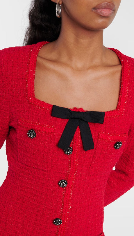 RED KNIT BOW ROUND NECK MINI DRESS
