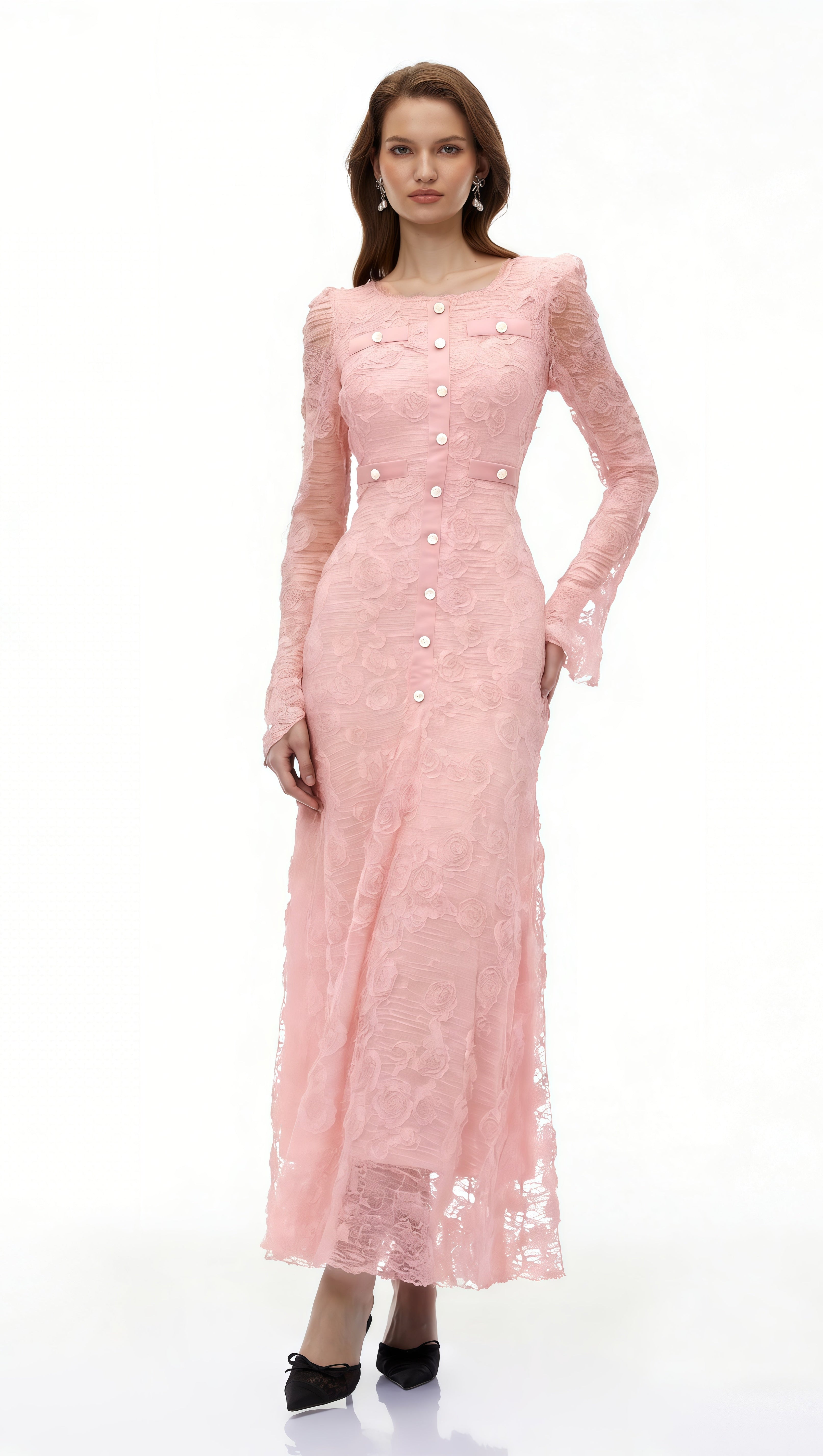 tracy Pink 3D-Floral Embroidered Lace Maxi Dress