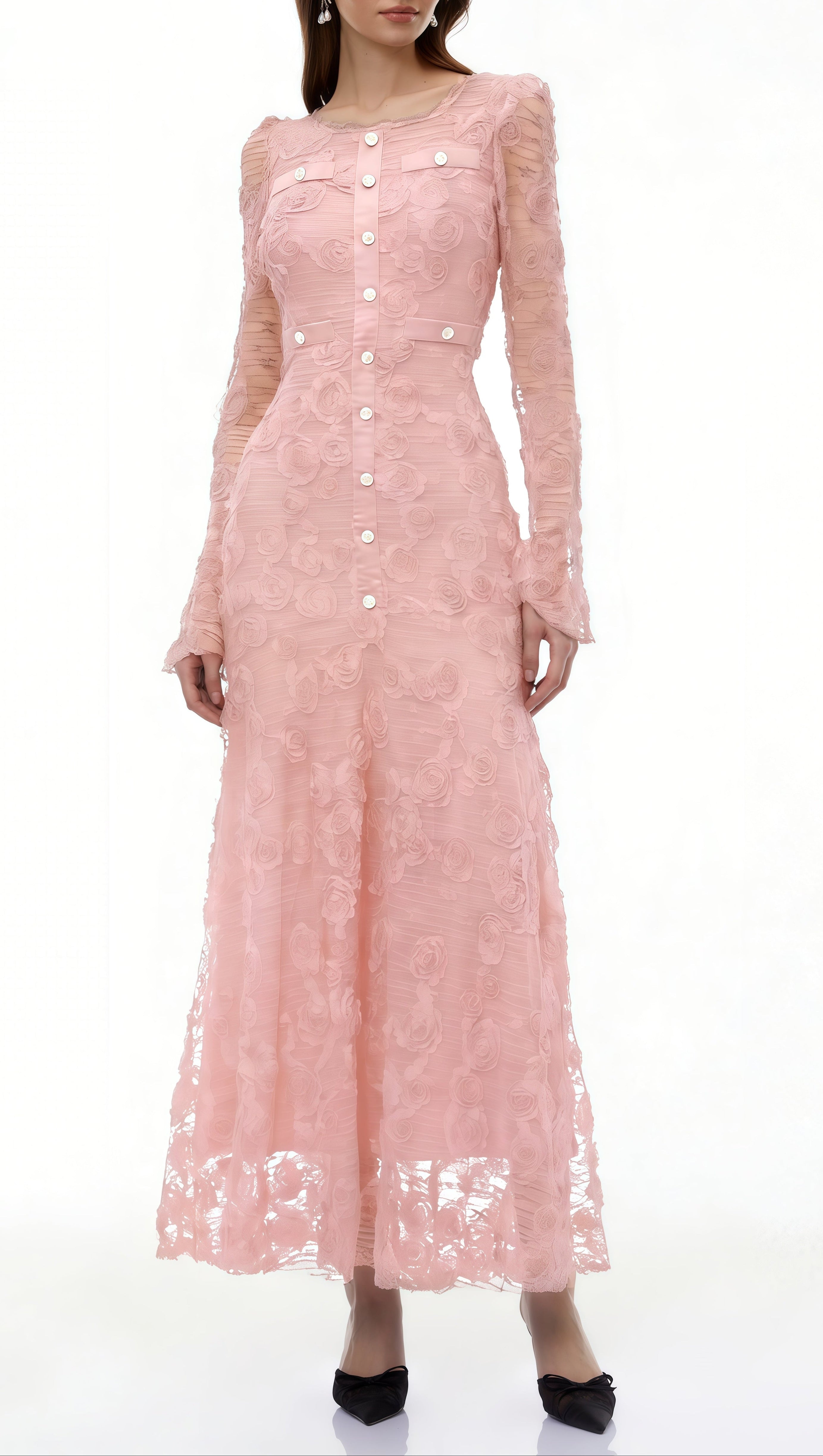 tracy Pink 3D-Floral Embroidered Lace Maxi Dress