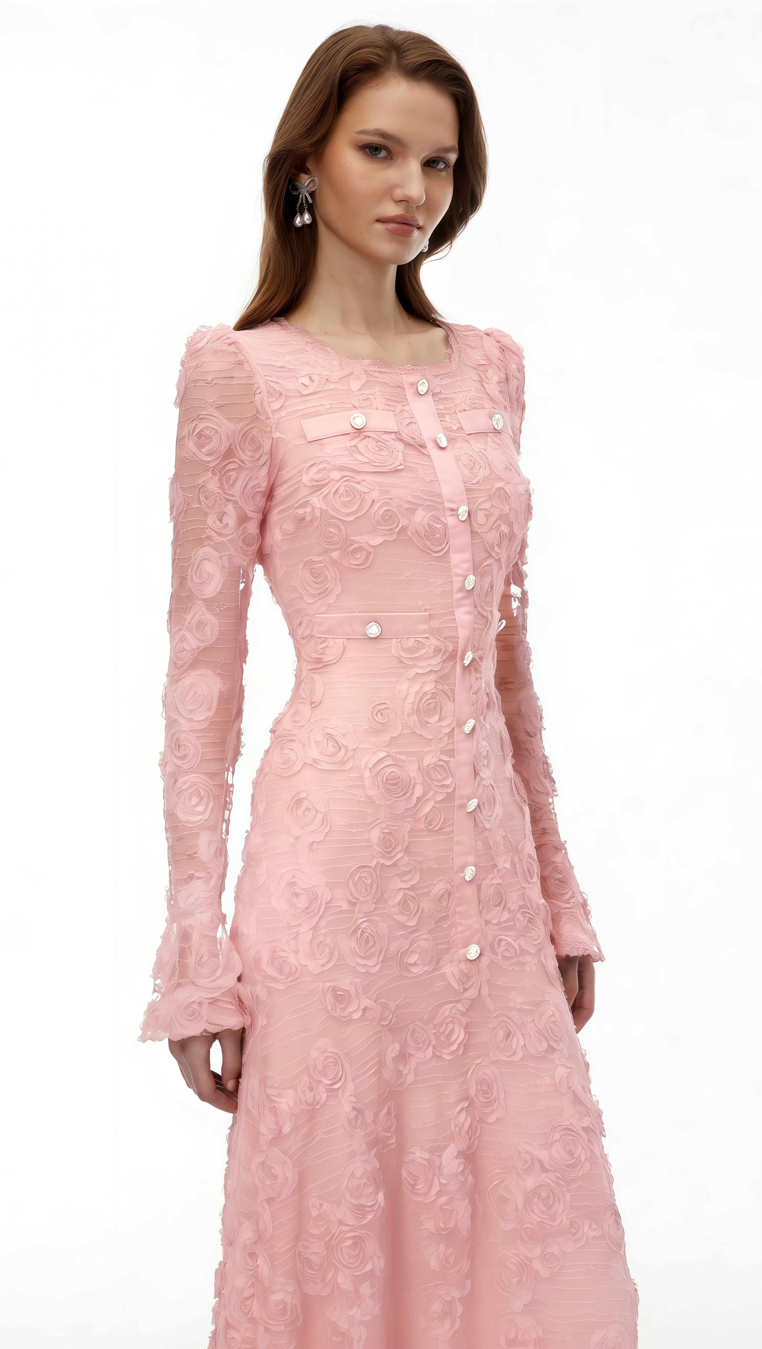 tracy Pink 3D-Floral Embroidered Lace Maxi Dress