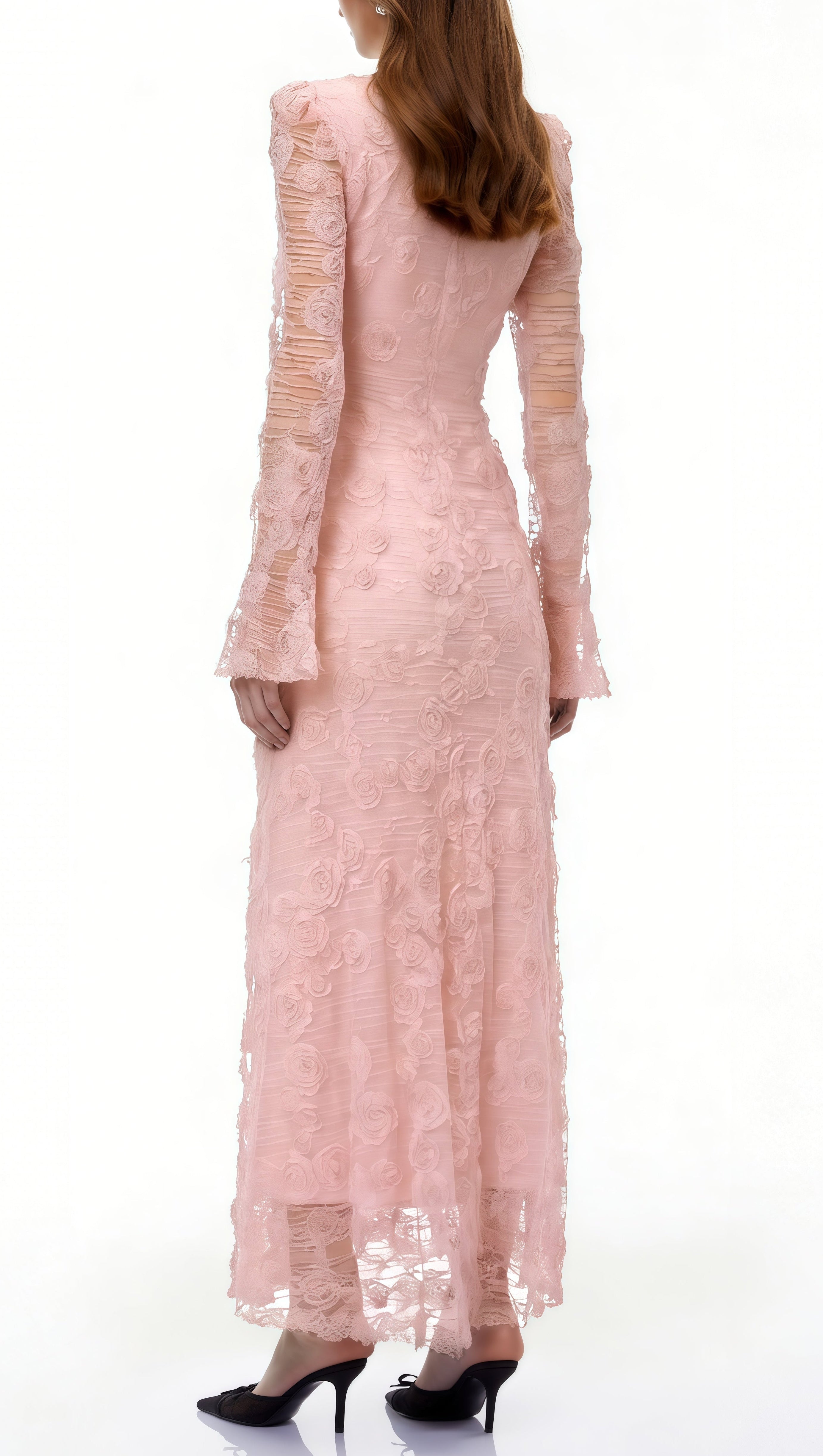 tracy Pink 3D-Floral Embroidered Lace Maxi Dress