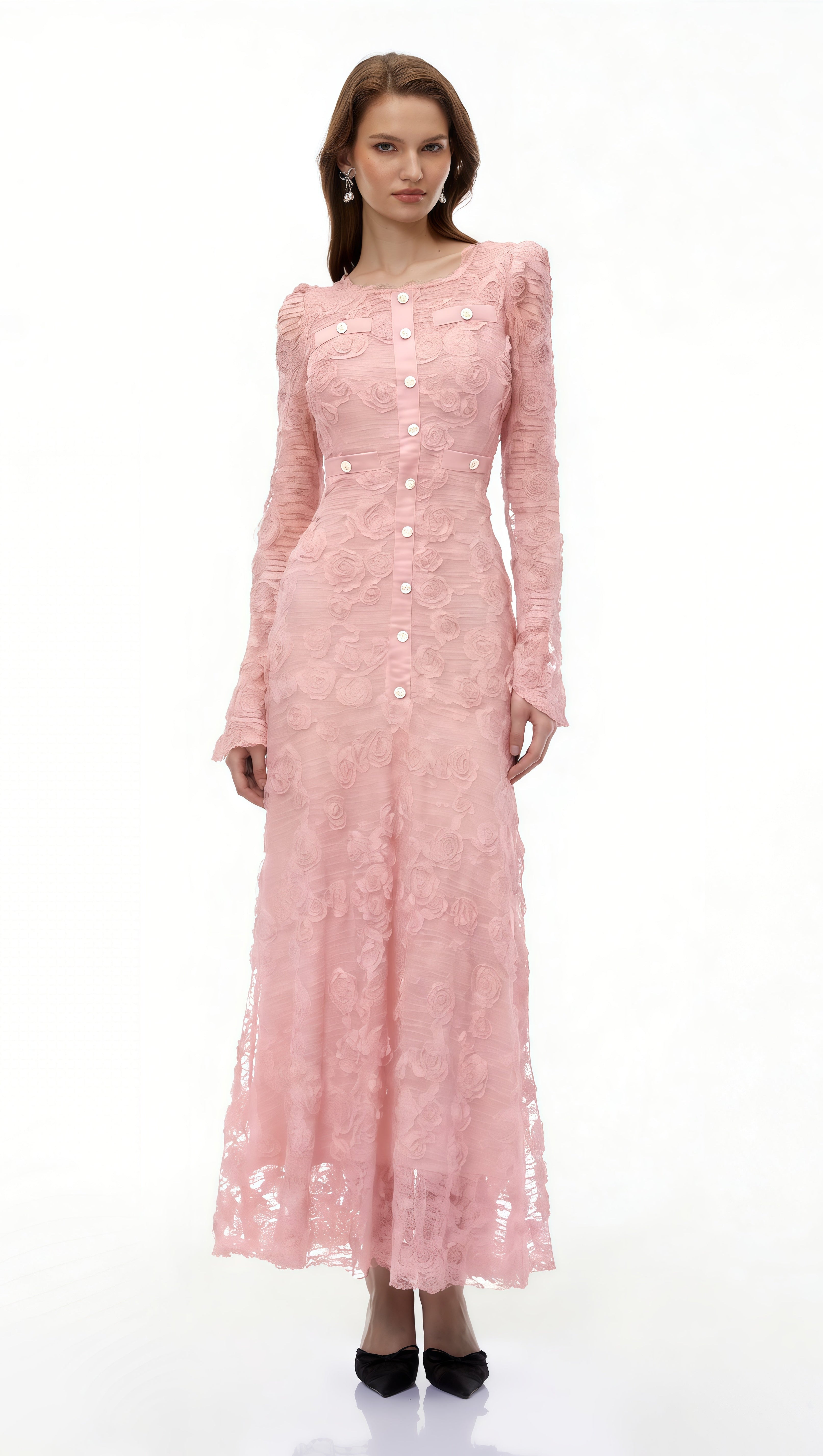 tracy Pink 3D-Floral Embroidered Lace Maxi Dress