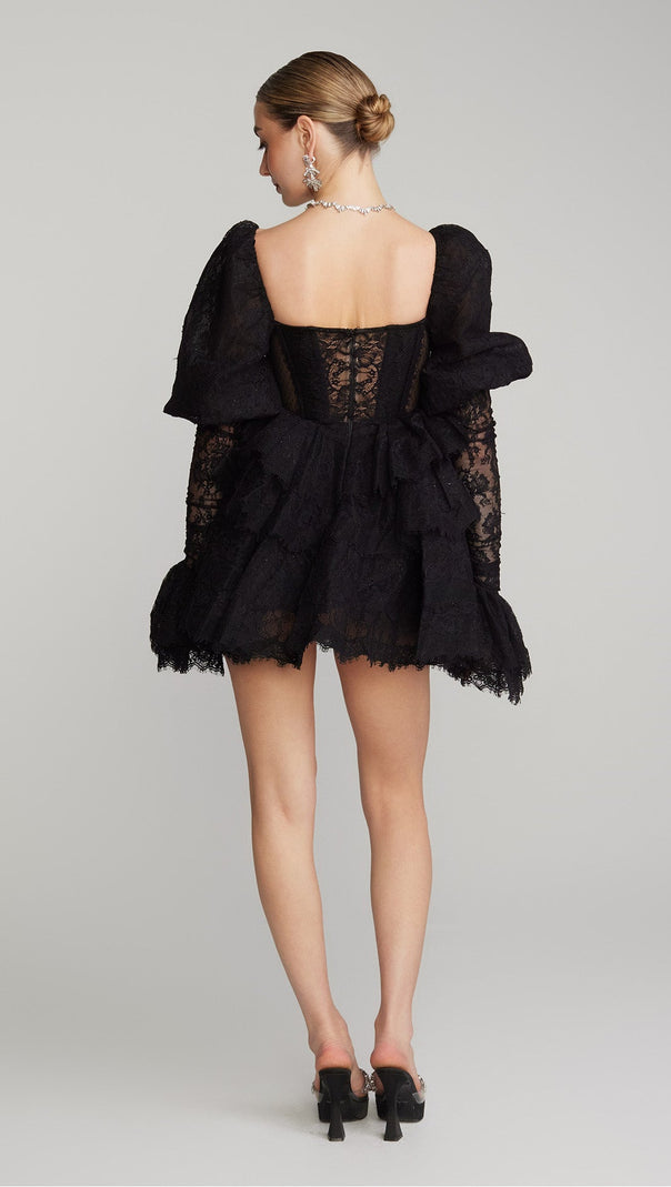 AIIZIE PUFF SLEEVE LACE MINI DRESS IN BLACK - product image
